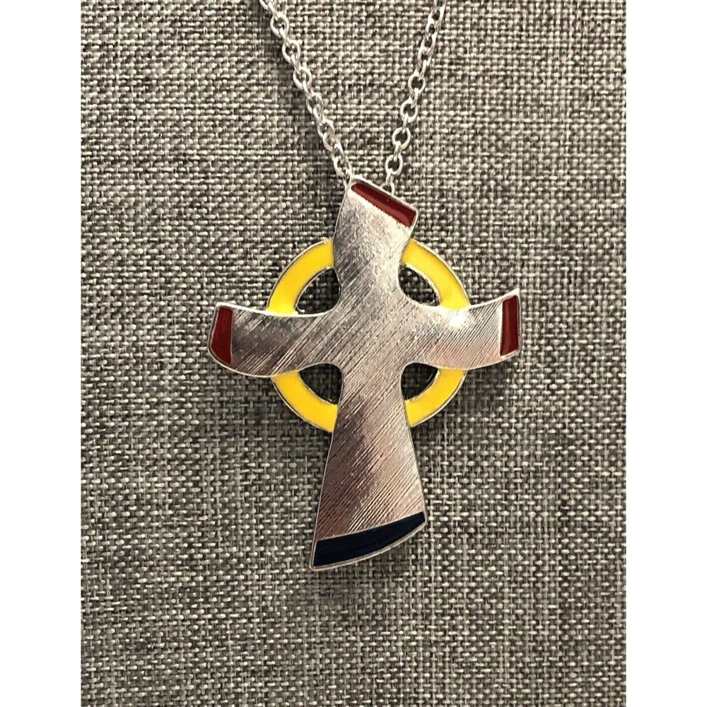 2 Vintage Modernist Celtic Cross Pendant Necklace Silver Tone Enamel Multi Color